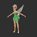 3D Game Movie Fairy Character With Blonde Hair Green Dress Transparent Wings And White Shoes