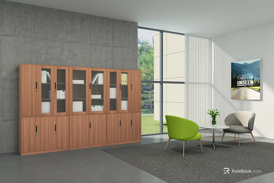 Modern Office Interior With Wooden Cabinet Glass Doors Books Green Chair And Gray Carpet 3d model 