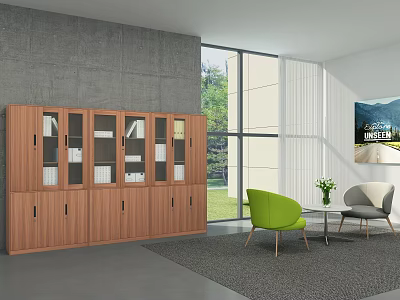 Modern Office Interior With Wooden Cabinet Glass Doors Books Green Chair And Gray Carpet 3d model