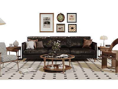 Stylish Black Leather Sofa and Coffee Table Set with Throw Pillows Round Wooden Table Decorative Wall Art and Checkered Rug 3d model