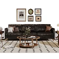 Stylish Black Leather Sofa and Coffee Table Set with Throw Pillows Round Wooden Table Decorative Wall Art and Checkered Rug