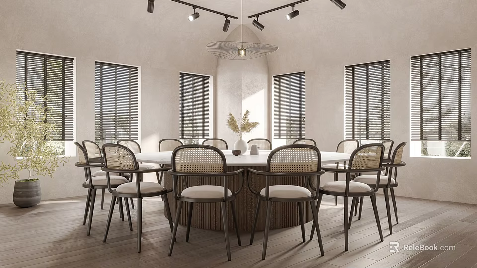 Elegant Private Dining Room With Round Table Woven Rattan Chairs And Shutter Windows 3d model