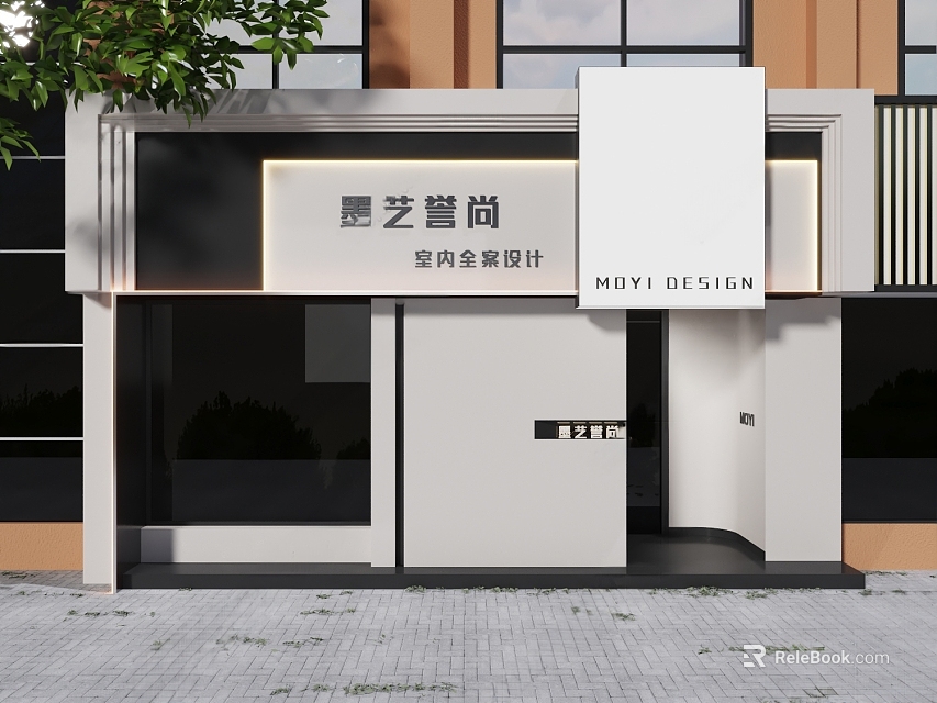Modern Storefront Design with White Black Glass Door Brand Logo and Signboard Lighting 3d model 