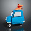 Cute Retro Blue Small Car With Orange Surfboard On Roof 3d model