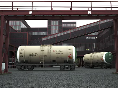 Functional Tank Vehicles In Industrial Setting With Red Metal Structure And Modern Building 3d model