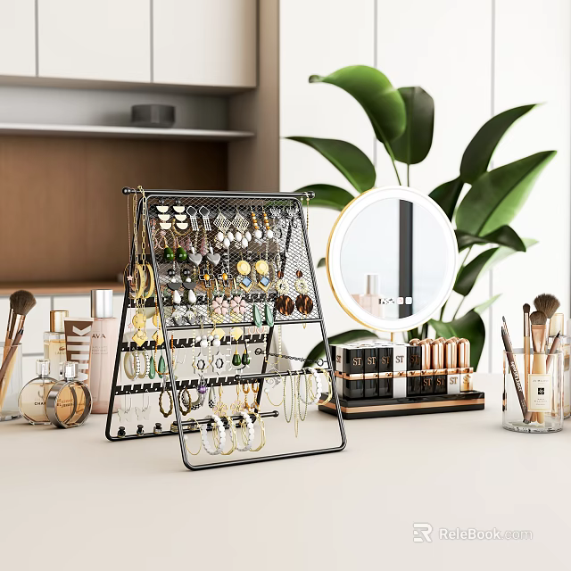 Metal Jewelry Organizer Rack with Earrings Necklaces Makeup Brushes and Green Plant 3d model 