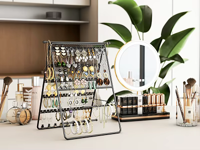 Metal Jewelry Organizer Rack with Earrings Necklaces Makeup Brushes and Green Plant 3d model
