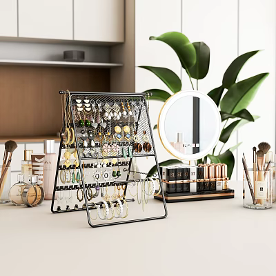 Metal Jewelry Organizer Rack with Earrings Necklaces Makeup Brushes and Green Plant 3d model
