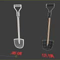 High Poly and Low Poly Shovels With Black Heads Wooden Handles And Grips