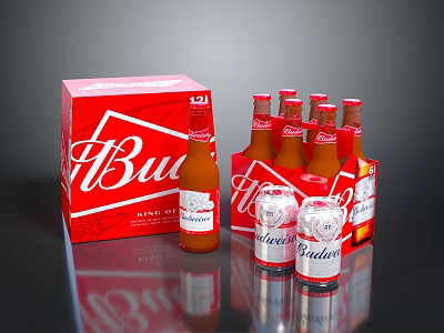 Budweiser Beer Bottles And Glasses With Red Box Packaging And Arranged 3d model