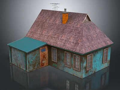 Teal Cottage With Brown Tiled Roof Orange Chimney Turquoise Extension And Windows 3d model