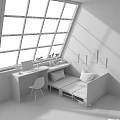 Cozy Functional Room Interior With Large Window Green Tree View Desk Laptop Sofa Bed 3d model
