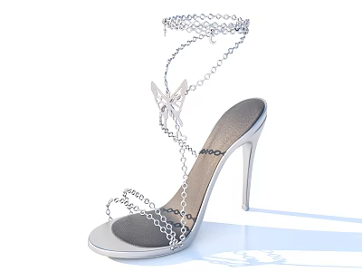 Silver Open Toe High Heel Sandals With Chain Straps And Butterfly Decoration 3d model