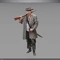 Man in long historical coat with tricorn hat holding musket and sword