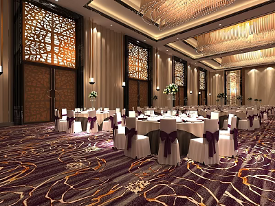 Elegant Banquet Hall With Round Tables White Tablecloths Purple Chair Covers And Chandeliers 3d model