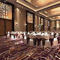 Elegant Banquet Hall With Round Tables White Tablecloths Purple Chair Covers And Chandeliers