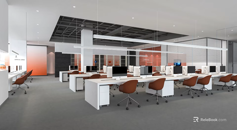 Modern Public Office Space With Open Layout Desks Ergonomic Chairs And Computers 3d model