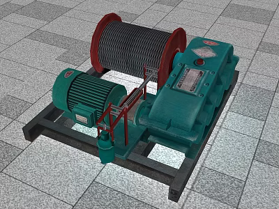 Industrial Winch Equipment With Green Electric Motor Red Drum Steel Cable And Base Frame 3d model