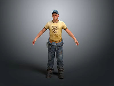 Male Worker Wearing Yellow T-Shirt Blue Cap Blue Jeans And Tool Belt On Grey Background 3d model