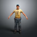Male Worker Wearing Yellow T-Shirt Blue Cap Blue Jeans And Tool Belt On Grey Background