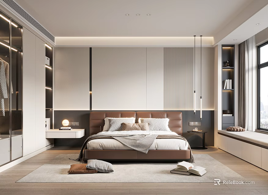 Elegant Modern Bedroom Interior With Brown Headboard Area Carpet And Large Window 3d model