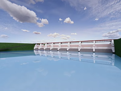 Scenic Bridge Over Calm Water With Reflection Green Grass Blue Sky And White Clouds 3d model