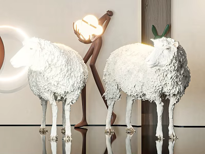 White Sheep Sculptures With Shiny Base And Artistic Lighting For Modern Decor 3d model