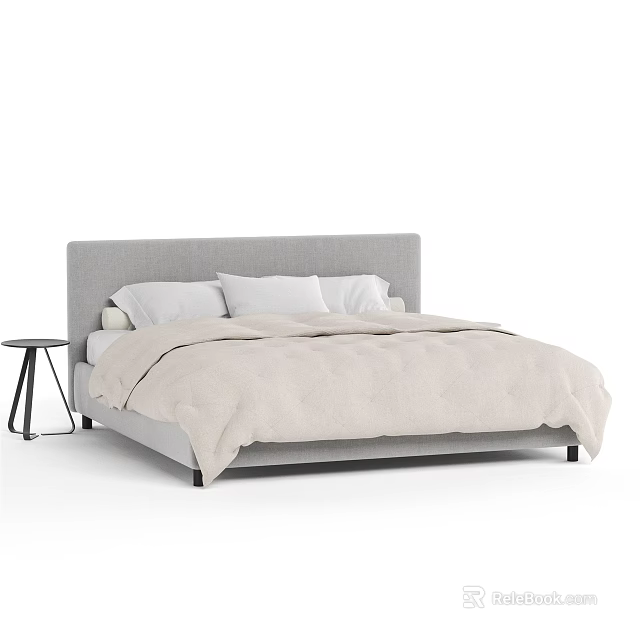 Modern Double Bed with Gray Headboard Beige Bedding Pillows and Side Table 3d model