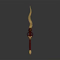 Curved Golden Blade Weapon With Red Handle And Intricate Golden Decorative Patterns