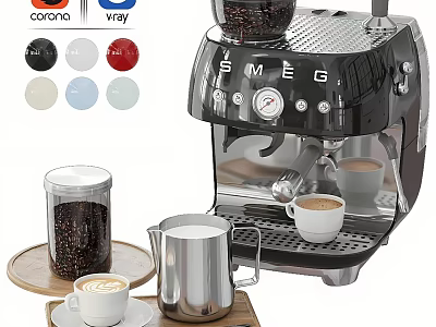 SMEG Espresso Machine With Coffee Canister Milk Pitcher Cups And Color Options 3d model