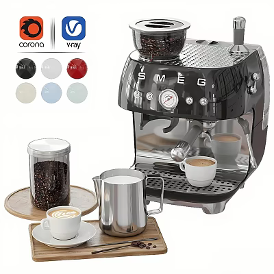 SMEG Espresso Machine With Coffee Canister Milk Pitcher Cups And Color Options 3d model