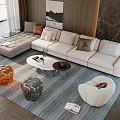 Modern Beige L shaped Sofa and Coffee Table Set with White Marble Top and Glass Stools