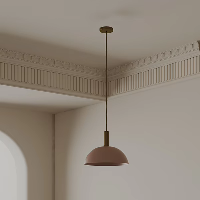 Minimalist Room Corner With Pink Shade Brass Pendant Light And Decorative Ceiling Molding 3d model