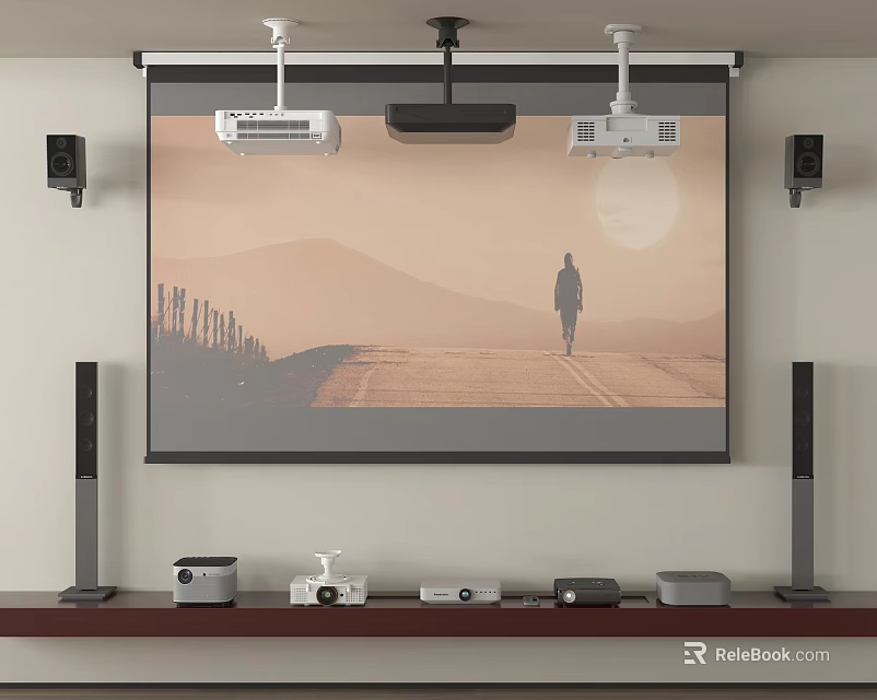 Projection Monitoring System Setup With Projector Screen And Audio Equipment 3d model 