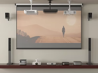 Projection Monitoring System Setup With Projector Screen And Audio Equipment 3d model
