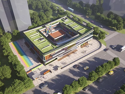 Modern School Building with Green Roof Surrounded by Trees and Rainbow Playground 3d model