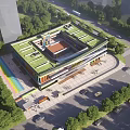 Modern School Building with Green Roof Surrounded by Trees and Rainbow Playground