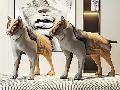 Two Decorative Dog Sculptures In Modern Interior With Artistic Painting Background 3d model