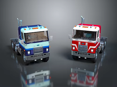 Blue And Red Trucks With Classic Cab Design And Reflective Surfaces 3d model