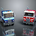 Blue And Red Trucks With Classic Cab Design And Reflective Surfaces