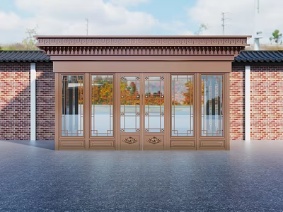 Elegant Brass Entrance Door With Glass Panels Decorative Top And Red Brick Walls 3d model