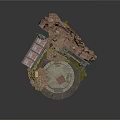 Ruined Scene 3D Model Featuring Ruined Walls Columns And Circular Paved Area With Green Foliage