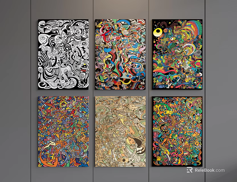 Abstract Paintings With Six Colorful Vibrant Patterns For Wall Art Decor 3d model 