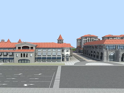 Commercial Street Architecture With Red Roofs Arched Doorways And Parking Lot 3d model