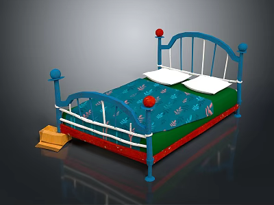 Blue Metal Kids Bed With Red Spherical Decor Green Mattress Blue Bedspread And Yellow Box 3d model