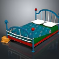 Blue Metal Kids Bed With Red Spherical Decor Green Mattress Blue Bedspread And Yellow Box
