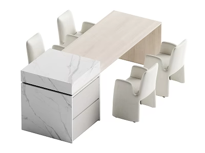 Light Wood Dining Table Set With White Chairs And Marble Cabinet 3d model