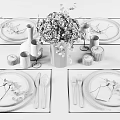 Elegant Dinnerware Set With Plates Cutlery Striped Placemats Decorative Bouquet And Glassware On Dining Table