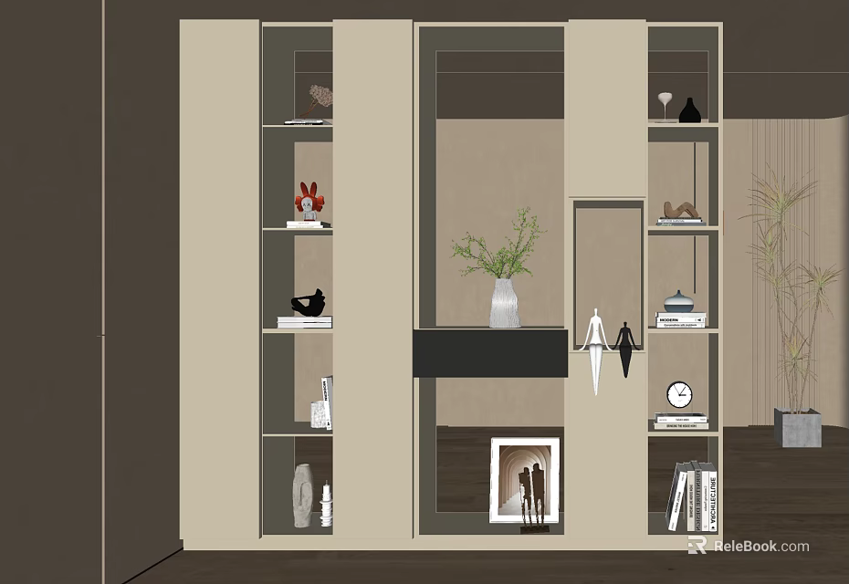 Modern Shoe Cabinet With Multiple Shelves And Decorative Elements Including Vase Books Photo Frame 3d model 