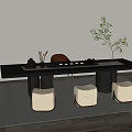 Modern Tea Table and Chairs with Dark Surface Tea Set Decorative Plant and White Stools